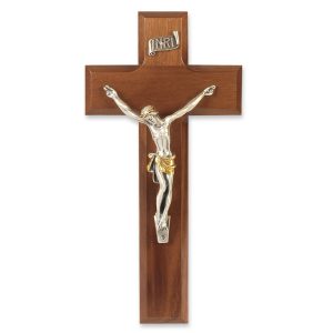 8" Genuine Walnut Wood Wall Crucifix with Silver Plated Corpus