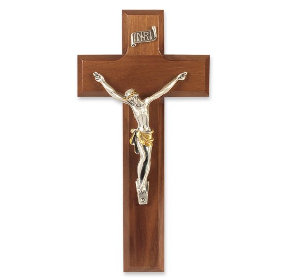 8" Genuine Walnut Wood Wall Crucifix with Silver Plated Corpus