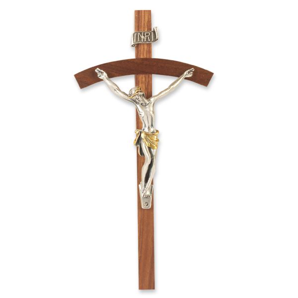 8" Genuine Walnut Wood Wall Crucifix with Silver Plated Corpus