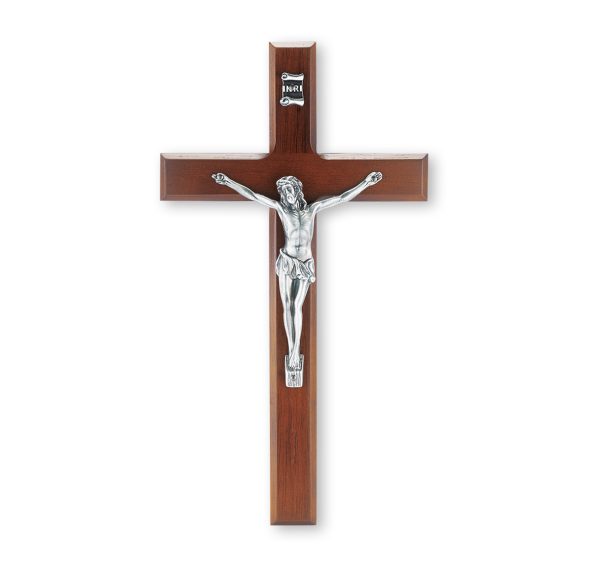 10" Walnut Wood Wall Crucifix with Silver Plated Corpus