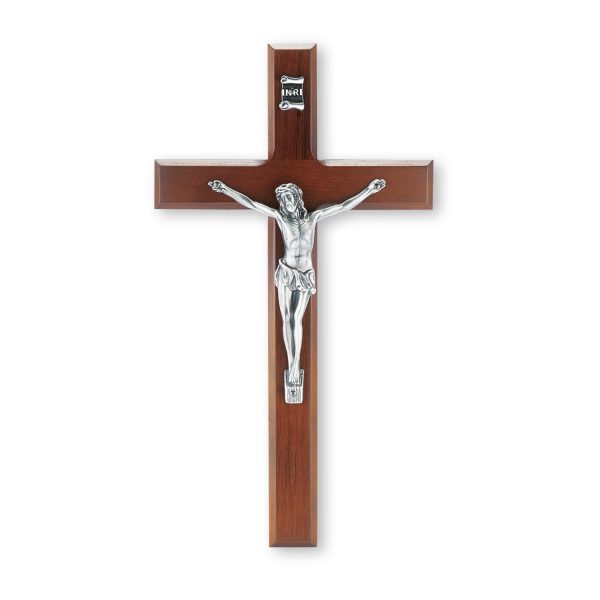 10" Walnut Wood Wall Crucifix with Silver Plated Corpus