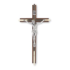 10" Walnut Wood Wall Crucifix with Silver Plated Corpus