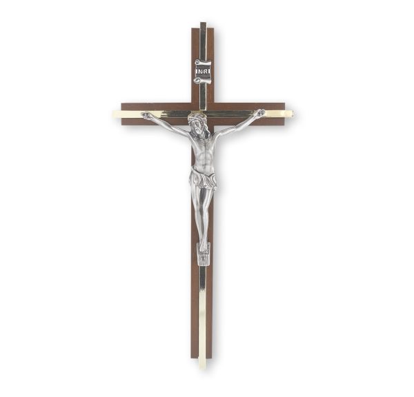 10" Walnut Wood Wall Crucifix with Silver Plated Corpus