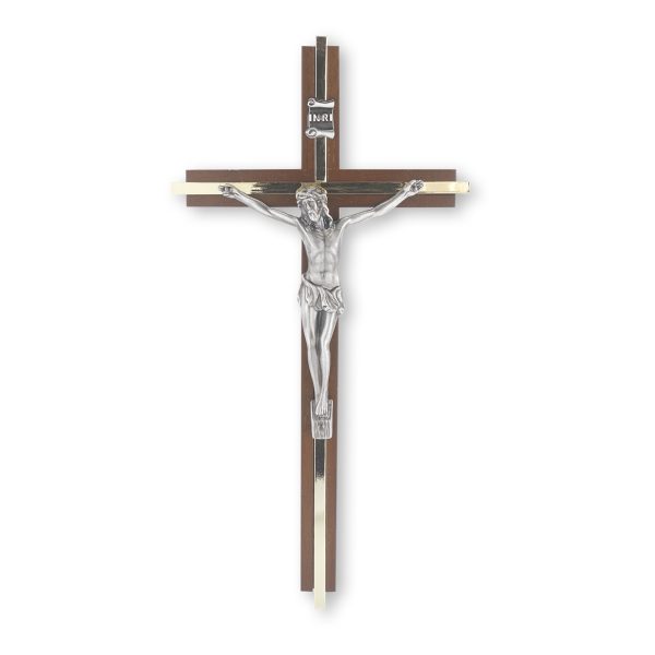 10" Walnut Wood Wall Crucifix with Silver Plated Corpus