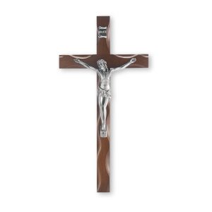 10" Walnut Notched Wood Wall Crucifix with Silver Plated Corpus