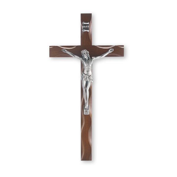 10" Walnut Notched Wood Wall Crucifix with Silver Plated Corpus