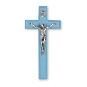 7" Blue Wood Crucifix with Silver Plated Corpus