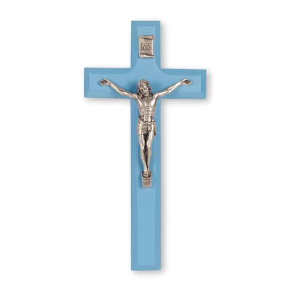 7" Blue Wood Crucifix with Silver Plated Corpus