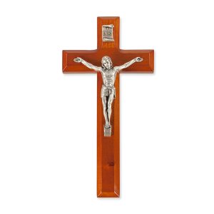 7" Natural Cherry Wood Crucifix with Silver Plated Corpus