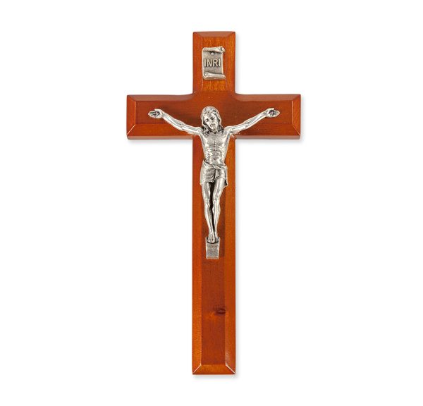 7" Natural Cherry Wood Crucifix with Silver Plated Corpus