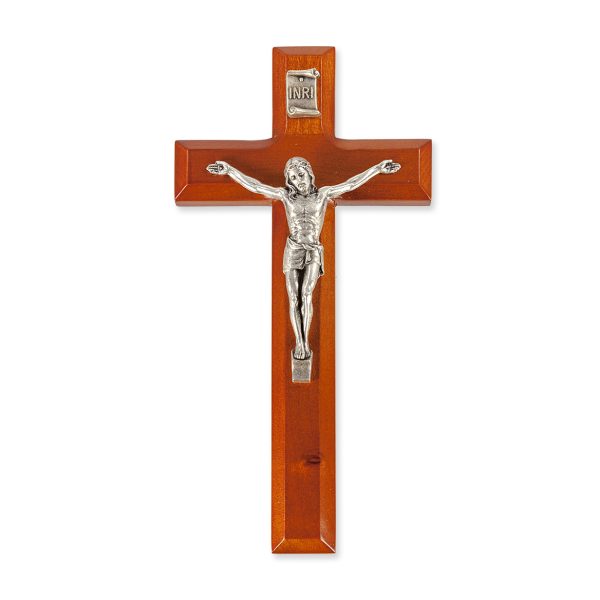 7" Natural Cherry Wood Crucifix with Silver Plated Corpus