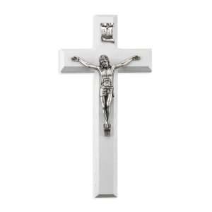 7" White Wood Crucifix with Silver Plated Corpus
