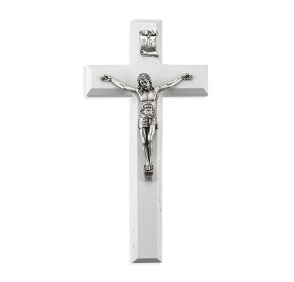 7" White Wood Crucifix with Silver Plated Corpus