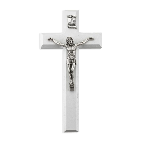 7" White Wood Crucifix with Silver Plated Corpus