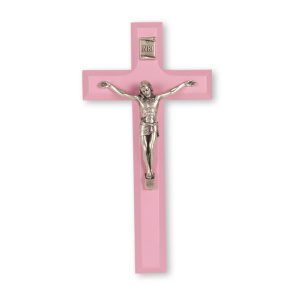 7" Pink Wood Crucifix with Silver Plated Corpus