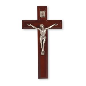 7" Dark Cherry Wood Wall Crucifix with Silver Plated Corpus
