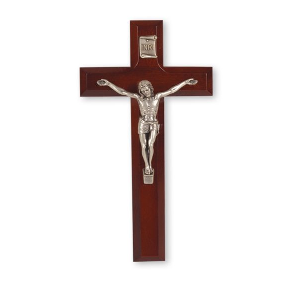 7" Dark Cherry Wood Wall Crucifix with Silver Plated Corpus