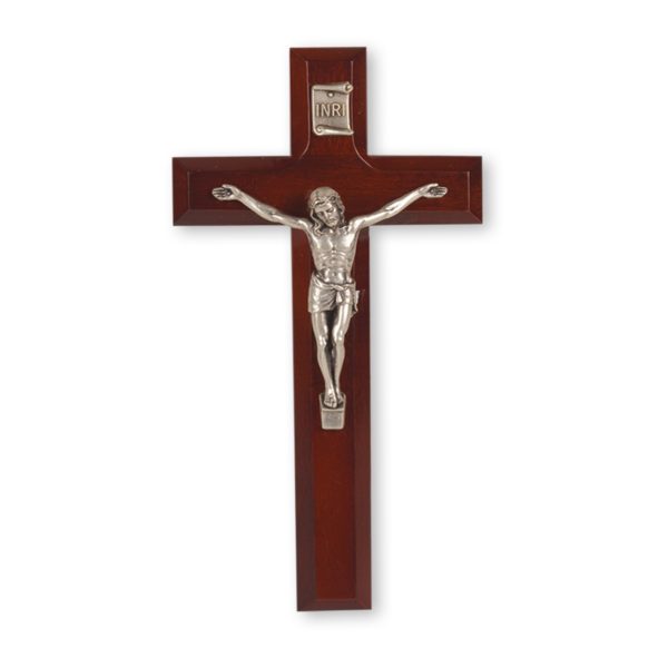 7" Dark Cherry Wood Wall Crucifix with Silver Plated Corpus