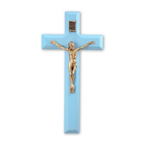 7" Blue Wood Crucifix with Genuine Bronze Pewter Corpus