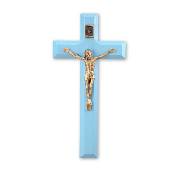 7" Blue Wood Crucifix with Genuine Bronze Pewter Corpus