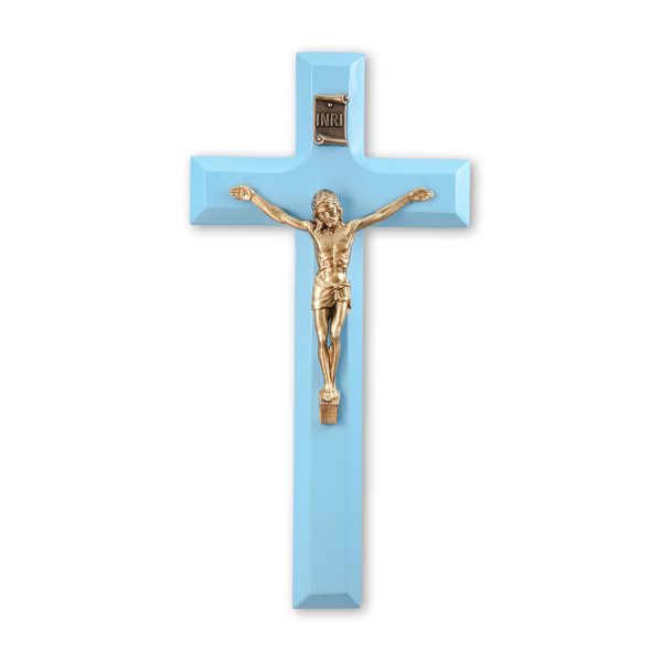 7" Blue Wood Crucifix with Genuine Bronze Pewter Corpus