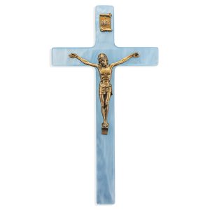 7" Blue Pearlized Crucifix with Genuine Bronze Pewter Corpus