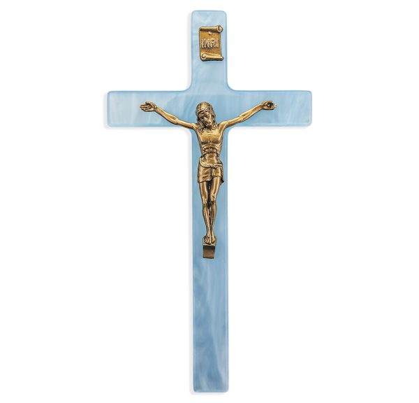 7" Blue Pearlized Crucifix with Genuine Bronze Pewter Corpus