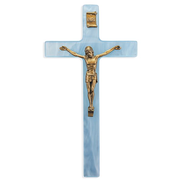 7" Blue Pearlized Crucifix with Genuine Bronze Pewter Corpus