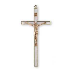 7" Gold-Plated Pearlized Wall Crucifix with Genuine Bronze Pewter Corpus