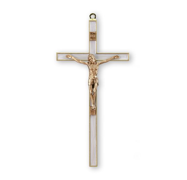 7" Gold-Plated Pearlized Wall Crucifix with Genuine Bronze Pewter Corpus
