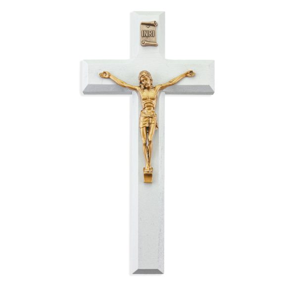 7" White Wood Crucifix with Genuine Bronze Pewter Corpus