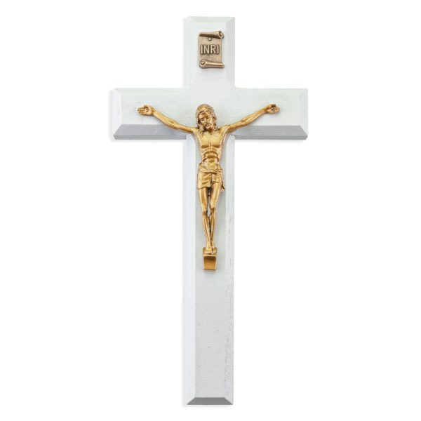 7" White Wood Crucifix with Genuine Bronze Pewter Corpus