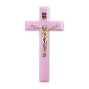 7" Pink Wood Crucifix with Genuine Bronze Pewter Corpus