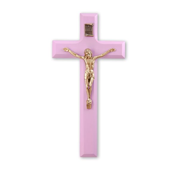 7" Pink Wood Crucifix with Genuine Bronze Pewter Corpus
