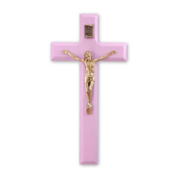 7" Pink Wood Crucifix with Genuine Bronze Pewter Corpus