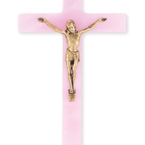 7" Pink Pearlized Crucifix with Genuine Bronze Pewter Corpus