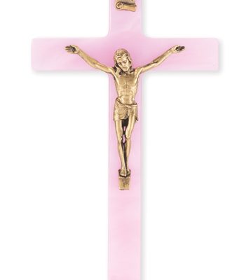 7" Pink Pearlized Crucifix with Genuine Bronze Pewter Corpus