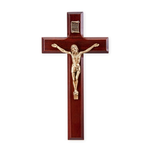 7" Dark Cherry Wood Wall Crucifix with Genuine Bronze Pewter Corpus