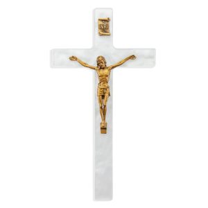 7" White Pearlized Crucifix with Genuine Bronze Pewter Corpus