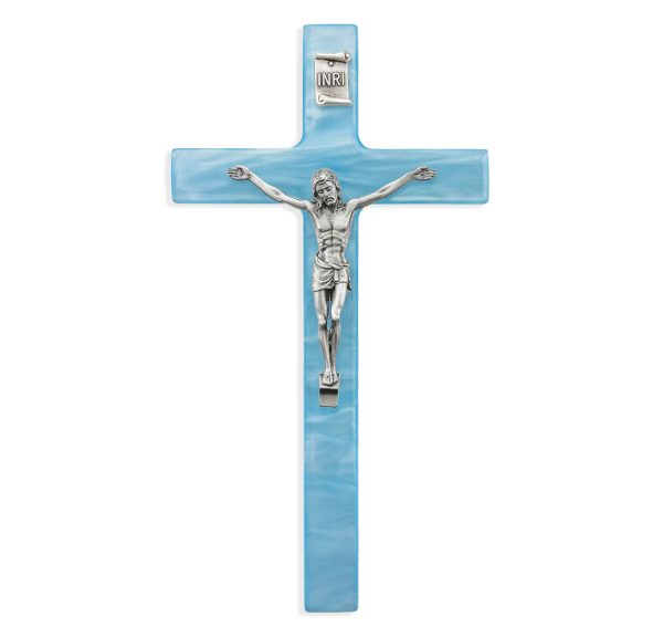 7" Blue Pearlized Crucifix with Silver Plated Corpus