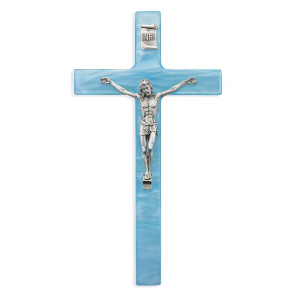 7" Blue Pearlized Crucifix with Silver Plated Corpus