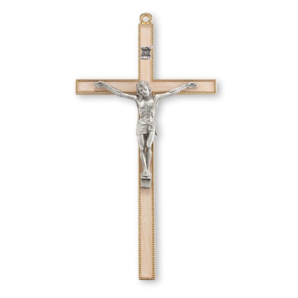 7" Gold-Plated Pearlized Wall Crucifix with Genuine Silver Pewter Corpus
