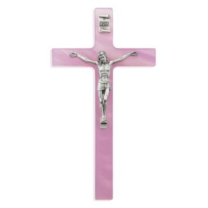 7" Pink Pearlized Crucifix with Silver Plated Corpus