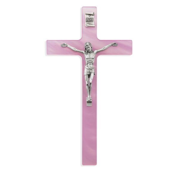 7" Pink Pearlized Crucifix with Silver Plated Corpus