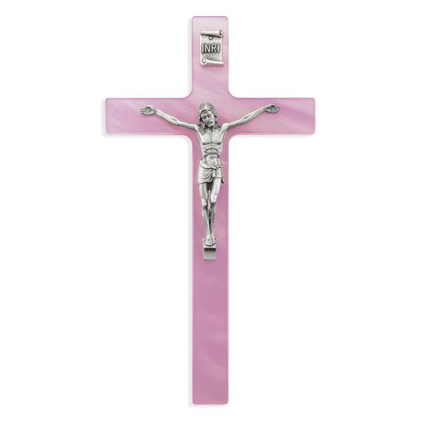 7" Pink Pearlized Crucifix with Silver Plated Corpus