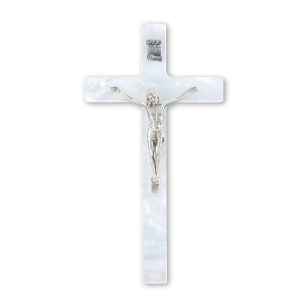 7" White Pearlized Crucifix with Genuine Silver Pewter Corpus