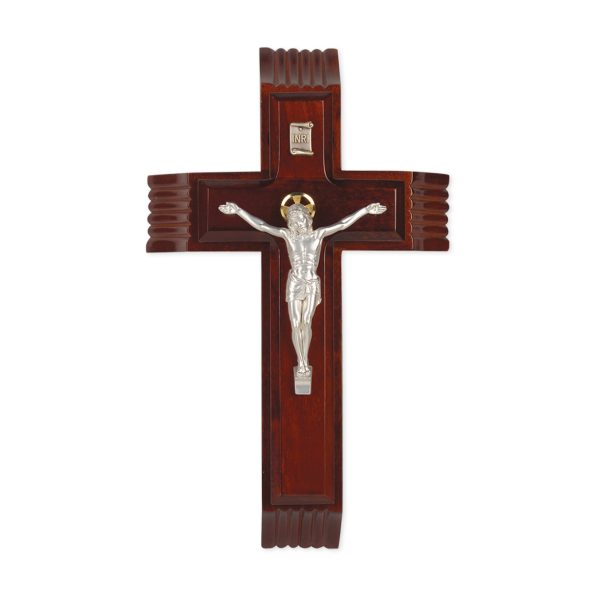 10" Dark Cherry Wood Sick Call Crucifix with Silver Plated Corpus