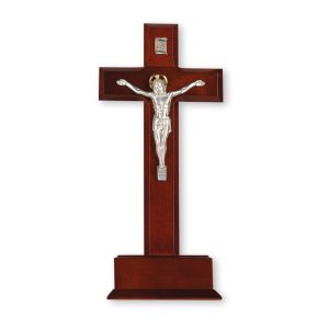 10" Dark Cherry Wood Standing Crucifix with Silver Plated Corpus