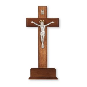 10" Walnut Wood Standing Crucifix with Silver Plated Corpus