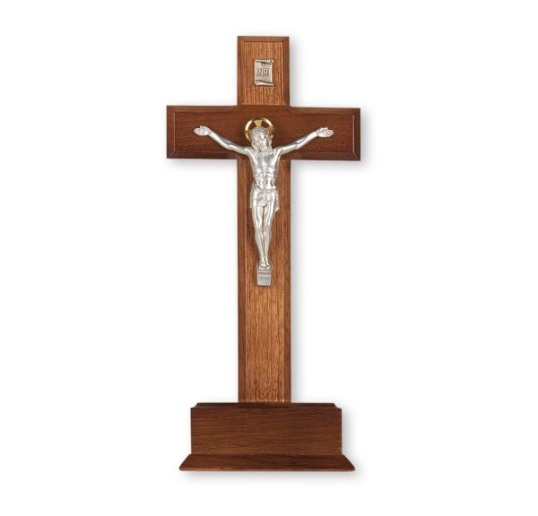 10" Walnut Wood Standing Crucifix with Silver Plated Corpus